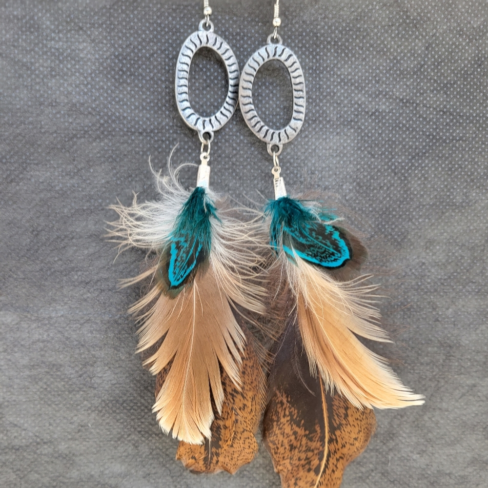 Long Feather Silver Charm Metal Earrings Hand Crafted Jewelry Boho Native